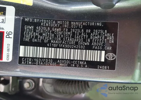 2013 Toyota Camry Le z USA, uszkodzony, nr VIN 4T1BF1FK9DU242592